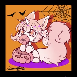 Size: 800x800 | Tagged: safe, artist:qamar, imported from derpibooru, oc, oc only, bat, pony, unicorn, bow, female, hair bow, halloween, holiday, jack-o-lantern, mare, pumpkin, sitting, solo, spider web