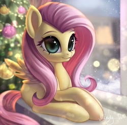 Size: 2048x2024 | Tagged: safe, artist:minchy_0w0, imported from derpibooru, fluttershy, pegasus, pony, christmas, christmas tree, female, holiday, mare, missing cutie mark, sitting, snow, solo, spread wings, tree, window, wingding eyes, wings, winter