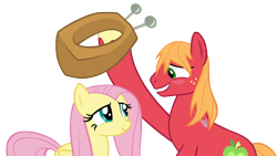 Size: 4000x2250 | Tagged: safe, anonymous artist, imported from derpibooru, big macintosh, fluttershy, earth pony, pegasus, pony, the perfect pear, big macintosh's yoke, blushing, duo, duo male and female, female, grin, hoof hold, horse collar, looking at each other, looking at someone, male, mare, ship:fluttermac, shipping, simple background, smiling, smiling at each other, stallion, straight, transparent background, vector, wet, wet mane