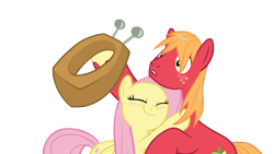 Size: 4000x2250 | Tagged: safe, anonymous artist, imported from derpibooru, big macintosh, fluttershy, earth pony, pegasus, pony, the perfect pear, big macintosh's yoke, cute, duo, duo male and female, eyes closed, female, high res, hoof hold, horse collar, hug, macabetes, male, mare, ship:fluttermac, shipping, shyabetes, simple background, stallion, straight, surprised, transparent background, vector, wet, wet mane