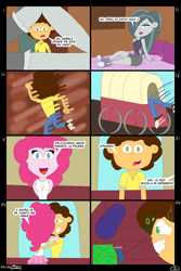 Size: 4134x6201 | Tagged: safe, artist:elovital, imported from derpibooru, cheese sandwich, marble pie, pinkie pie, human, equestria girls, bed, cart, condom, confused, confusion, female, flirting, g4, grin, hug, male, nervous, nervous grin, pillow, seduction, seductive, seductive look, seductive pose, ship:cheesepie, shipping, smiling, straight