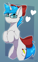 Size: 2000x3224 | Tagged: safe, artist:monycaalot, imported from derpibooru, oc, oc only, oc:nhale, pony, unicorn, belly button, bipedal, blue hair, bow, chest fluff, fangs, glasses, heart, looking at you, male, present, simple background, smiling, smiling at you, solo, thin