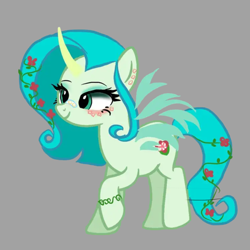 Size: 2048x2048 | Tagged: safe, imported from derpibooru, oc, oc only, oc:garden star, alicorn, pony, alicorn oc, bandaid, bandaid on nose, bracelet, colored horn, curved horn, ear piercing, earring, eyeshadow, female, flower, flower in hair, flower in tail, gray background, green eyeshadow, horn, horns, jewelry, makeup, mare, piercing, raised hoof, simple background, smiling, solo, tail, transparent wings, wings