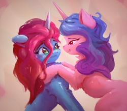 Size: 1574x1371 | Tagged: safe, artist:itssim, imported from derpibooru, izzy moonbow, pony, unicorn, blushing, colored eyebrows, duo, duo female, eye contact, eyebrows, female, fluffy, g5, horn, looking at each other, looking at someone, mare, misty brightdawn, rebirth misty, smiling