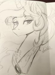 Size: 1508x2048 | Tagged: safe, artist:thelunarmoon, imported from derpibooru, princess celestia, alicorn, pony, bust, chest fluff, female, lidded eyes, mare, monochrome, pencil drawing, solo, traditional art