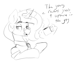Size: 750x646 | Tagged: safe, artist:thelunarmoon, imported from derpibooru, oc, oc only, oc:lunar moon, pony, unicorn, coffee mug, dialogue, eyebrows, eyebrows visible through hair, grayscale, levitation, magic, male, monochrome, mug, simple background, solo, spectacles, stallion, telekinesis, white background