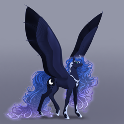 Size: 2048x2048 | Tagged: safe, artist:eljesala, imported from derpibooru, princess luna, alicorn, pony, crown, ethereal mane, female, gradient background, gray background, high res, hybrid wings, jewelry, large wings, long legs, long tail, mare, peytral, regalia, signature, simple background, solo, spread wings, starry mane, tail, wings