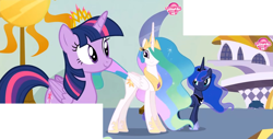 Size: 1985x1005 | Tagged: safe, composite screencap, edit, edited screencap, editor:incredibubbleirishguy, imported from derpibooru, screencap, princess celestia, princess luna, twilight sparkle, alicorn, princess twilight sparkle (episode), crown, female, jewelry, letupia725hd, princess, princess twilight sparkle (season 4 episode) 10th anniversary, regalia, royal sisters, siblings, sisters, twilight sparkle (alicorn)