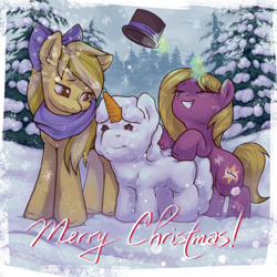 Size: 2000x2000 | Tagged: safe, alternate version, artist:ariamidnighters, imported from derpibooru, oc, oc only, earth pony, pony, unicorn, bow, clothes, duo, hair bow, hat, magic, scarf, snow, snowfall, snowpony, telekinesis, tree