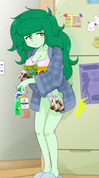 Size: 1711x3046 | Tagged: safe, artist:batipin, imported from derpibooru, wallflower blush, equestria girls, 2d, breasts, busty wallflower blush, chips, cleavage, clothes, coat, drink, eyebrows, eyebrows visible through hair, female, food, freckles, indoors, kitchen, legs, messy hair, panties, pocky, refrigerator, shirt, slippers, snacks, solo, striped underwear, underwear