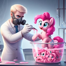 Size: 1024x1024 | Tagged: prompter needed, safe, imported from derpibooru, pinkie pie, earth pony, goo, human, pony, ai content, ai generated, clothes, cursed image, female, gas mask, generator:dall-e 3, gloves, holding a pony, human male, lab coat, laboratory, male, mare, mask, open mouth, open smile, science, scientist, smiling, wat, wrong cutie mark