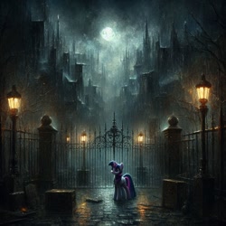 Size: 1024x1024 | Tagged: prompter needed, safe, imported from derpibooru, twilight sparkle, alicorn, pony, ai content, ai generated, building, city, cityscape, clothes, dark background, female, full moon, gate, generator:dall-e 3, mare, moon, night, overcast, rain, road, solo, streetlight, tree, twilight sparkle (alicorn)