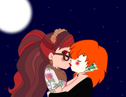 Size: 1897x1459 | Tagged: safe, artist:spike17, imported from derpibooru, spike, human, crossover, crossover shipping, ever after high, hug, human spike, humanized, kiss on the lips, kissing, night, orange hair, rosabella beauty, ship:rospike, shipping