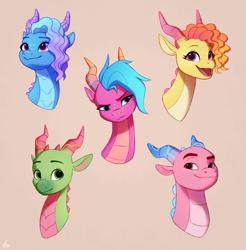 Size: 1203x1224 | Tagged: safe, artist:luminousdazzle, imported from derpibooru, dragon, alternate design, alternate hairstyle, blaize skysong, bust, curly hair, female, fountain (g5), frown, g5, leaf (dragon), luxxe, male, portrait, smiling, tumble (g5)