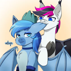 Size: 2000x2000 | Tagged: safe, artist:erein, imported from derpibooru, oc, oc only, oc:lance, oc:simon pegasus, bat pony, pony, bat pony oc, bat wings, bedroom eyes, biting, blue, blue eyes, blue eyeshadow, blue fur, blue mane, blue socks, cheek fluff, chest fluff, clothes, collar, colored wings, commission, crown, duo, ear bite, ear piercing, eyeshadow, jewelry, makeup, male, multicolored hair, piercing, pink fur, regalia, simple background, smiling, text, white background, white mane, wingding eyes, wings