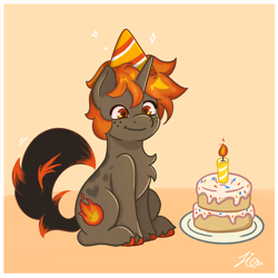 Size: 3072x3072 | Tagged: safe, artist:duckyia, imported from derpibooru, oc, pony, unicorn, birthday, cake, candle, chest fluff, cutie mark, fire, food, hat, hoof fluff, male, orange eyes, simple background, sitting, smiling, solo, stallion, tail, tail wag