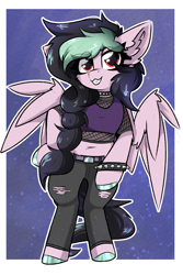 Size: 2000x3000 | Tagged: safe, artist:jubyskylines, imported from derpibooru, oc, oc only, oc:galactic lights, pegasus, belly button, clothes, commissioner:rainbowdash69, fishnets, jeans, pants, pegasus oc, punk, ripped jeans, ripped pants, smiling, smirk, solo, spiked wristband, torn clothes, wings, wristband