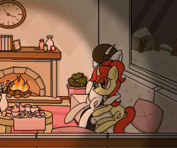 Size: 2048x1706 | Tagged: safe, artist:taoyvfei, imported from derpibooru, peach blossom, oc, oc:taoyvfei, pony, unicorn, bolster, book, candle, candy, china, clock, coffee, cupcake, curved horn, fireplace, food, horn, jar, knife, photo, pixel art, plant, snow, tart, unicorn oc