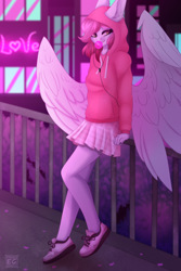 Size: 2326x3488 | Tagged: safe, artist:elektra-gertly, imported from derpibooru, oc, oc only, oc:ellie berryheart, anthro, pegasus, black eyeshadow, bridge, bubblegum, city, clothes, cute, eyeshadow, female, food, green eyes, gum, headphones, hoodie, large wings, long ears, long eyelashes, love, makeup, miniskirt, music, neon, night, ocbetes, shoes, skirt, sneakers, solo, wings