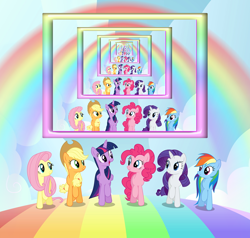 Size: 600x570 | Tagged: artist needed, safe, imported from derpibooru, applejack, fluttershy, pinkie pie, rainbow dash, rarity, twilight sparkle, droste effect, female, mane six, mare, rainbow, recursion