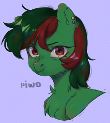 Size: 1787x1983 | Tagged: safe, artist:piwo, imported from derpibooru, oc, oc only, earth pony, pony, bust, colored, cute, ear piercing, earring, eyelashes, fluffy, gift art, green hair, green skin, jewelry, looking at you, piercing, portrait, red eyes, red hair, simple background, smiling, smiling at you, torn ear