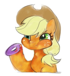 Size: 616x673 | Tagged: safe, imported from ponybooru, applejack, applejack's hat, clothes, cowboy hat, donut, eating, eyelashes, food, green eyes, hat, orange coat, rgikcul