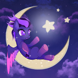 Size: 2000x2000 | Tagged: safe, artist:anthrax, imported from derpibooru, oc, oc only, oc:shadow galaxy, pegasus, pony, cloud, commission, ethereal mane, fangs, female, happy, mare, moon, night, open mouth, smiling, solo, starry eyes, starry mane, wingding eyes