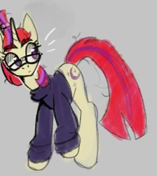 Size: 438x488 | Tagged: safe, artist:sickbelle, edit, imported from twibooru, moondancer, pony, unicorn, armpits, clothes, cropped, female, glasses, gray background, image, looking sideways, mare, needs more jpeg, simple background, sketch, smiling, solo, sweater