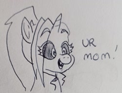 Size: 1829x1388 | Tagged: safe, artist:pony quarantine, imported from derpibooru, oc, oc only, oc:dyx, alicorn, bust, dialogue, eye clipping through hair, female, filly, foal, open mouth, open smile, pen drawing, smiling, solo, traditional art, your mom