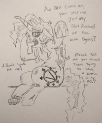 Size: 3276x3960 | Tagged: safe, artist:jargon scott, imported from derpibooru, oc, oc only, oc:okie dokey loki, pony, unicorn, bandaid, blood, crying, cut, dialogue, female, grayscale, magical lesbian spawn, mare, monochrome, offspring, older, parent:oc:dyx, parent:oc:filly anon, parents:oc x oc, pencil drawing, scratches, sharp teeth, solo, talking to viewer, teeth, traditional art, underhoof, unusual pupils