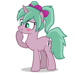 Size: 2800x2800 | Tagged: safe, imported from derpibooru, oc, oc only, oc:magicalmysticva, pony, unicorn, blushing, bow, cute, female, hair bow, hoof on chin, mare, pigtails, pink body, raised hoof, simple background, solo, sweat, sweatdrops, teal mane, transparent background, twintails, vector