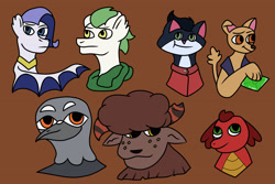 Size: 3000x2000 | Tagged: safe, artist:dexterousdecarius, imported from derpibooru, oc, oc:dandy, oc:dia, oc:grace, oc:ruby, oc:sapphire, oc:sulfur, oc:yorick, abyssinian, buffalo, diamond dog, dracony, dragon, griffon, hybrid, pony, yak, abyssinian oc, adopted offspring, broken horn, brown background, buffalo oc, diamond dog oc, dragon oc, gem, griffon oc, horn, hybrid oc, interspecies offspring, non-pony oc, offspring, parent:rarity, parent:spike, parents:sparity, siblings, simple background, yak oc, yakallo