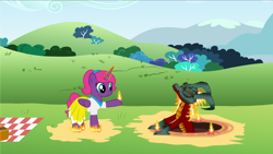 Size: 3238x1821 | Tagged: safe, imported from derpibooru, oc, oc only, oc:pinkmane, alicorn, dragon, hybrid, longma, alicorn oc, background, basket, clothes, dirt, duo, fire, fire magic, horn, magic, magic circle, mane of fire, picnic, picnic basket, picnic blanket, spell, summoning, summoning circle, volvagia, wings