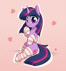 Size: 1000x1078 | Tagged: safe, artist:inkypuso, imported from derpibooru, twilight sparkle, pony, unicorn, clothes, cute, female, food, g4, looking at you, mare, polka dot background, sitting, smiling, smiling at you, socks, solo, strawberry, striped socks, twiabetes, unicorn twilight