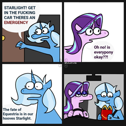 Size: 1440x1440 | Tagged: safe, artist:falloutfurret, imported from derpibooru, starlight glimmer, trixie, anthro, unicorn, 4 panel comic, annoyed, car, comic, dialogue, door, drama queen, driving, duo, eyebrows, eyebrows visible through hair, female, g4, happy meal, jewelry, lesbian, mcdonald's, ring, ship:startrix, shipping, smiling, speech bubble, starlight glimmer is not amused, unamused, vulgar, wedding ring