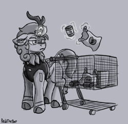 Size: 1620x1567 | Tagged: safe, artist:reddthebat, imported from derpibooru, autumn blaze, kirin, canned food, clothes, cloven hooves, female, floppy ears, frown, g4, gray background, grayscale, levitation, lidded eyes, magic, monochrome, shopping cart, signature, simple background, solo, telekinesis, uniform, vest