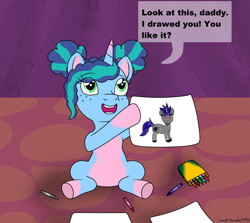 Size: 3195x2847 | Tagged: safe, artist:small-brooke1998, imported from derpibooru, pony, unicorn, afro puffs, alphabittle blossomforth, art, child, craft, crayon, crystal tea room, cute, daaaaaaaaaaaw, drawing, g5, misty brightdawn, mistybetes, paper, proud, smiling, younger