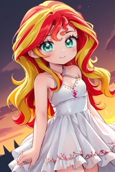 Size: 1024x1536 | Tagged: safe, editor:sammykun, imported from derpibooru, sunset shimmer, human, ai content, ai generated, anime style, chibi, child, clothes, cute, dress, female, g4, humanized, prompter:sammykun, shimmerbetes, sleeveless, sleeveless dress, solo, white dress, young, younger, younger female