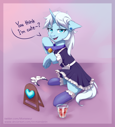 Size: 2000x2200 | Tagged: safe, artist:moewwur, artist:rin-mandarin, imported from derpibooru, oc, oc only, oc:crystal tundra, pony, unicorn, bell, bell collar, clothes, collar, commission, horn, juice, light fur, looking at you, maid, maid headdress, pumpkin, simple background, sitting, socks, unicorn oc, white mane