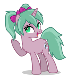 Size: 2800x2800 | Tagged: safe, imported from derpibooru, oc, oc only, oc:magicalmysticva, pony, unicorn, bow, chest fluff, cute, female, green eyes, hair bow, mare, pigtails, pink body, pink coat, raised hoof, solo, teal mane, twintails, vector