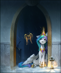 Size: 1638x1971 | Tagged: safe, artist:ramiras, imported from derpibooru, princess celestia, alicorn, pony, doll, g4, hoof shoes, lamp, lonely, rain, solo, toy