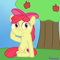 Size: 720x720 | Tagged: safe, artist:kingsiamo, imported from derpibooru, apple bloom, earth pony, pony, female, filly, foal, g4, looking at you, sitting, smiling, smiling at you, solo, tree