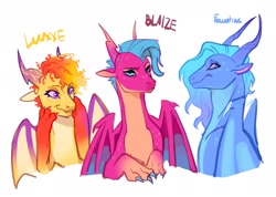 Size: 2407x1714 | Tagged: safe, artist:peachmichea, imported from derpibooru, dragon, blaize skysong, bust, dragoness, female, fountain (g5), g5, looking at you, luxxe, my little pony: make your mark, my little pony: make your mark chapter 6, name, simple background, smiling, the isle of scaly, trio, white background