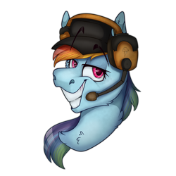 Size: 2300x2300 | Tagged: safe, artist:molars, imported from derpibooru, rainbow dash, pony, bust, cap, chest fluff, hat, headphones, long mane, looking at you, microphone, portrait, raised eyebrows, simple background, smiling, smirk, smug, solo, team fortress 2, transparent background