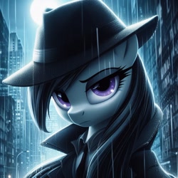 Size: 1024x1024 | Tagged: safe, imported from derpibooru, octavia melody, earth pony, pony, ai content, ai generated, building, bust, city, cityscape, clothes, coat, fedora, female, full moon, g4, generator:dall-e 3, hat, looking at you, mafia, mafia octavia, manehattan, mare, moon, necktie, night, prompter:tyto4tme4l, rain, serious, serious face, solo, streetlight