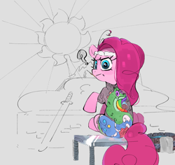 Size: 900x850 | Tagged: safe, artist:maremagnet, imported from derpibooru, pinkie pie, earth pony, pony, g4, looking back, ponk, question mark, sitting, tattoo, yakuza