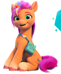 Size: 605x734 | Tagged: safe, imported from derpibooru, sunny starscout, earth pony, 3d, badge, bag, cute, g5, looking at you, multicolored hair, my little pony: make your mark, official, rainbow hair, sitting, smiling, smiling at you, sunnybetes