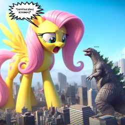 Size: 1400x1400 | Tagged: safe, editor:giantpony, imported from derpibooru, fluttershy, kaiju, pegasus, pony, ai assisted, ai content, ai generated, crossover, female, g4, generator:bing image creator, giant pony, giantess, giantshy, godzilla, godzilla (series), larger female, macro, macro/micro, male, phraseit, scared, shocked, shocked expression, size difference, smaller male, terrified