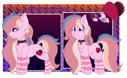 Size: 3256x2000 | Tagged: safe, artist:naaltive, imported from derpibooru, oc, oc only, oc:alluring gaze, pony, chest fluff, clothes, collar, ear fluff, eyeshadow, female, leg warmers, makeup, reference sheet, side view, smiling, solo