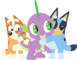 Size: 3563x2774 | Tagged: safe, artist:porygon2z, imported from derpibooru, spike, dragon, australian cattle dog, bingo heeler, bluey, bluey heeler, cute, female, hug, male, simple background, spikabetes, transparent background, trio, vector